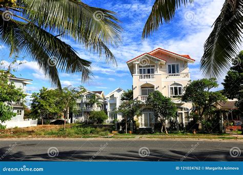 Villa In A Palm Grove White House Red Roof Palm Trees Vietnam Stock