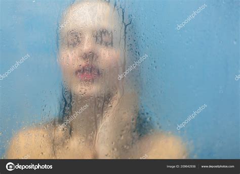 Naked Relaxed Female Stands Shower Cabine Takes Shower Silhouette Wet Stock Photo