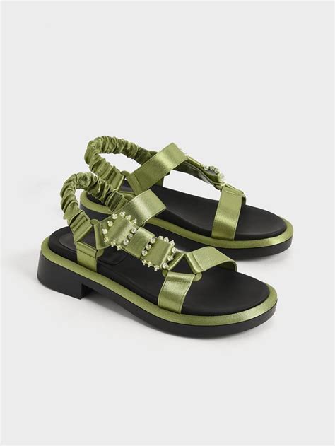 Green Miko Gem Embellished Satin Sandals Charles And Keith Us Charles