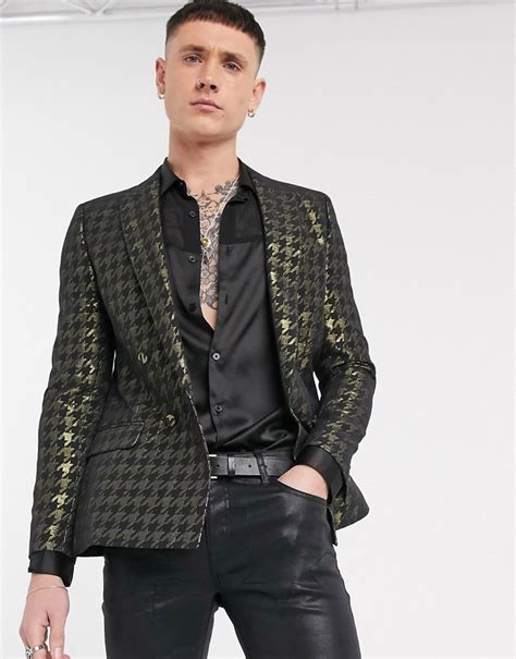 Asos Design Skinny Double Breasted Blazer With Houndstooth In Gold