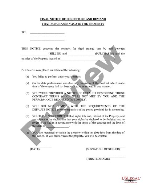 Indiana Final Notice Of Forfeiture And Request To Vacate Property Under