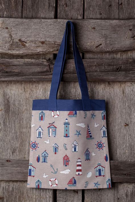 Linen Tote Bag With A Lighthouse Boats Design Sea Ocean Pattern