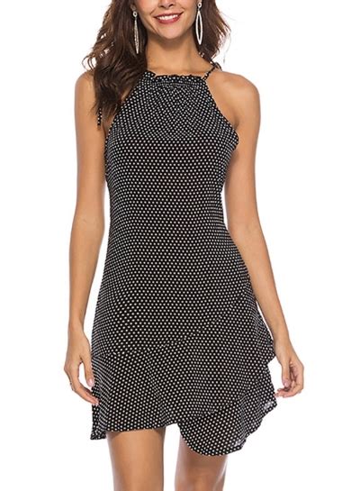 Polka Dot Sleeveless Spaghetti Strap Irregular Ruffle A Line Dress