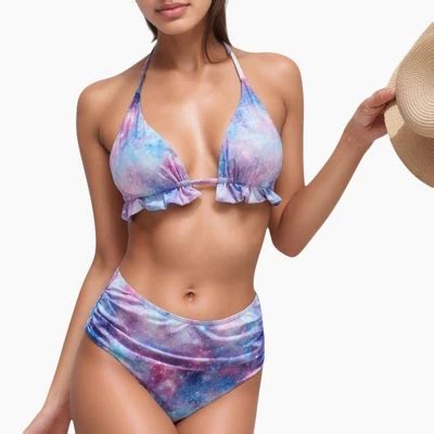 Anna Kaci Swim Women S Ruffle Trim Swirl Print Halter Bikini Set With High Waist Bottoms X