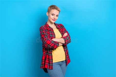 Portrait Of Good Mood Adorable Woman With Short Hairdo Wear Checkered