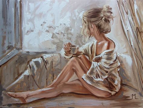 SPRING COFFEE LiGHt BOOK COFFEE ORIGINAL OIL PAINTING GIFT PALETTE KNIFE Nude WINDOW