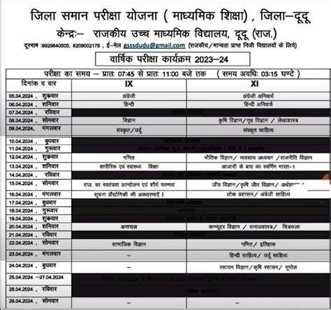 Rajasthan Board Class 9th 11th Yearly Exam Time Table 2024 राजस्थान बोर्ड कक्षा 9वीं 11वीं