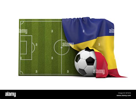 Romania Country Flag Draped Over A Football Soccer Pitch And Ball 3d