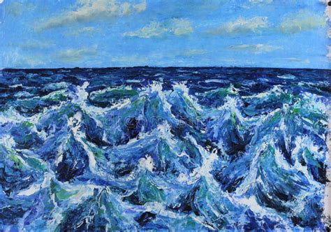 Vista Sul Mare Onde Del Mare Cielo Blu Nuvole Pittura A Olio