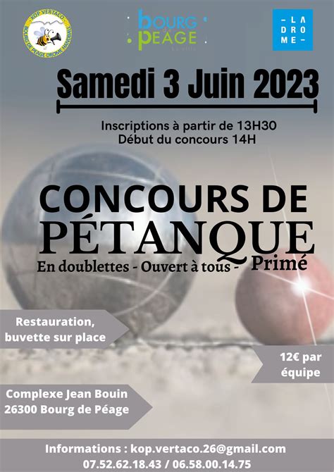 Concours de pétanque Ouvert à tous Bourg de Péage 03 juin 2023