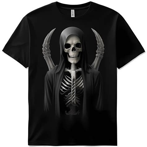 Symmetrical Skeleton Vector T Shirt Design With Scythes High Contrast