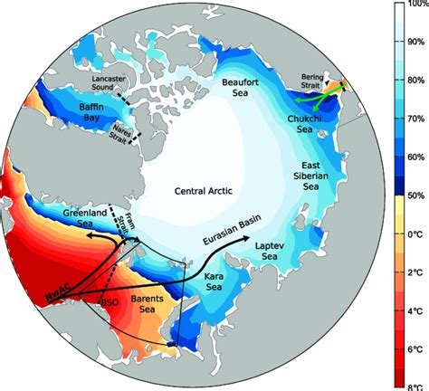 The Arctic Ocean and its marginal seas. Colors show annual mean sea ice ...