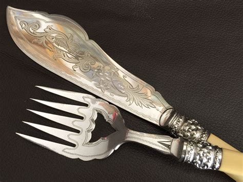 Large Ornate Antique Silver Plated Fish Knife Fork Serving Set