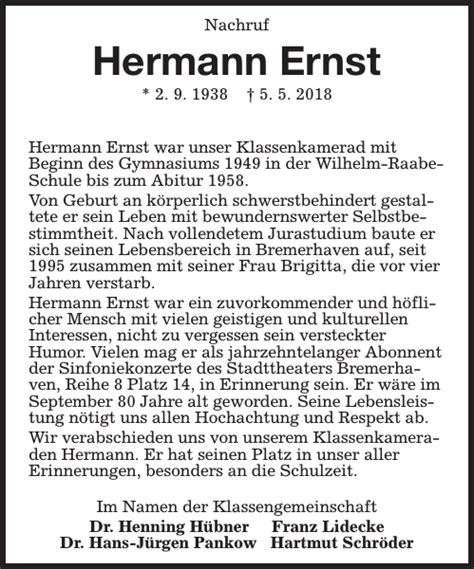 Hermann Ernst Gedenken Nordsee Zeitung