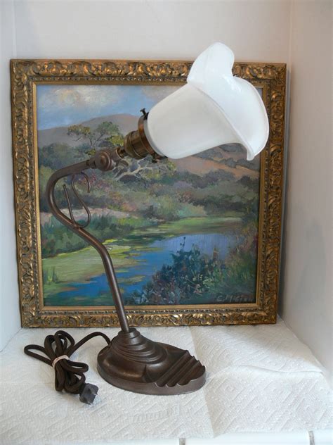 Antique Eagle Art Deco Gooseneck Desk Lamp Cast Iron W Milk Etsy