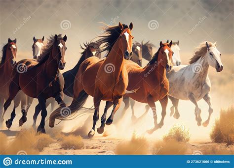 A Herd of Wild Horses Running Across a Plain Stock Illustration ...