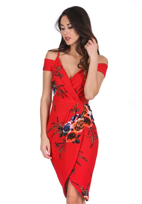 Ax Paris Womens Red Floral Cold Shoulder Wrap Dress Online Exclusive