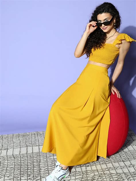 Women Solid Yellow Square Neck Side Slit Smocked Crop Top And Maxi Skirt