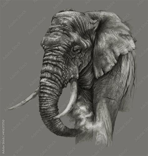 African Elephant Isolated On Grey Background Pencil Drawing Stock