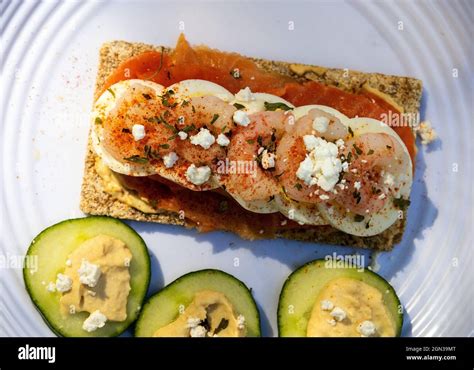 Scandinavian Style Open Sandwich Rye Crisp Bread Smoked Salmon Sliced