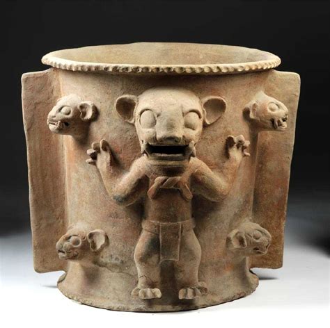 Enormous Mayan Pottery Cache Vessel w/ 5 Jaguars, TL'd