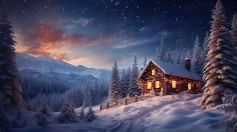 Premium AI Image | a cabin in a snowy mountain night