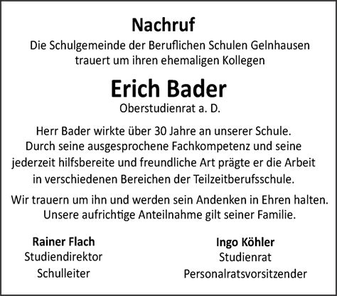 Traueranzeigen Von Erich Bader Trauer Gnz De