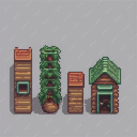 Pixel art of charming cottages with a lush tree centerpiece | Premium