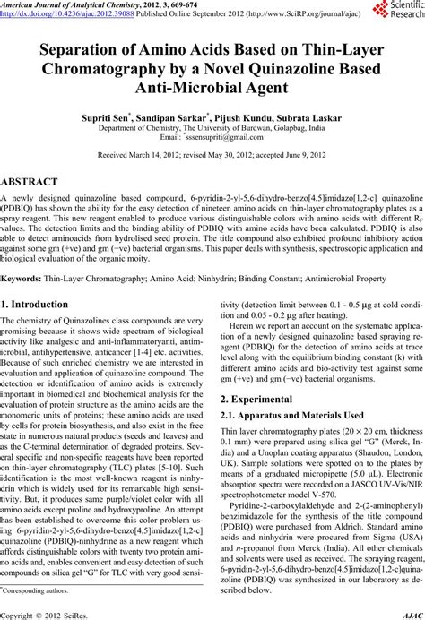 Separation Of Amino Acids Based On Thin Layer Chromatography By A Novel Quinazoline Based Anti