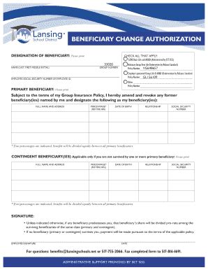 Fillable Online Beneficiary Change Authorization Setseg Org Fax Email