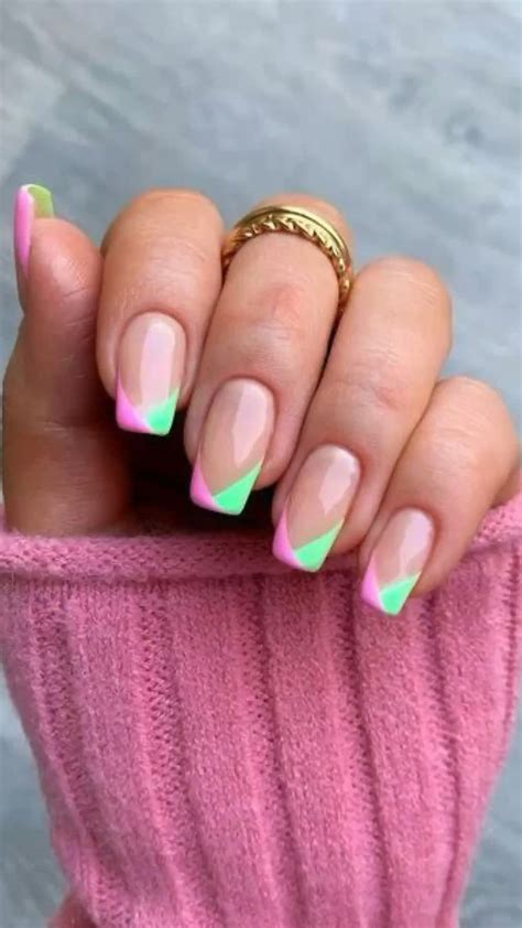 Pink And Green Nail Designs Inspo Pink Tip Nails Pink Nails Nails