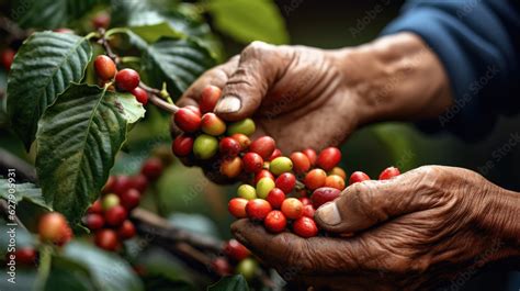 Arabica Coffee Berries With Agriculturist Hands Robusta And Arabica