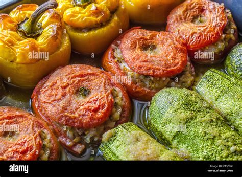 Greek Traditional Food Gemista Already Cooked In The Oven Stuffed