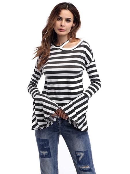 Stripe Long Flare Sleeve T Shirts For Women Flared Sleeves Outwear