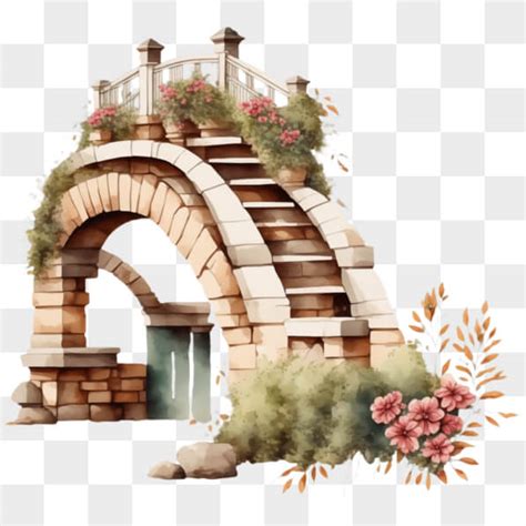 Descarga Pintura De Un Antiguo Puente De Piedra Con Flores PNGs En