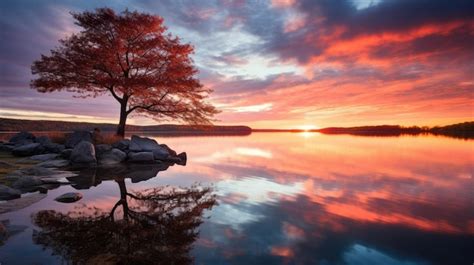 Premium AI Image | a magnificent sunrise over a tranquil lake