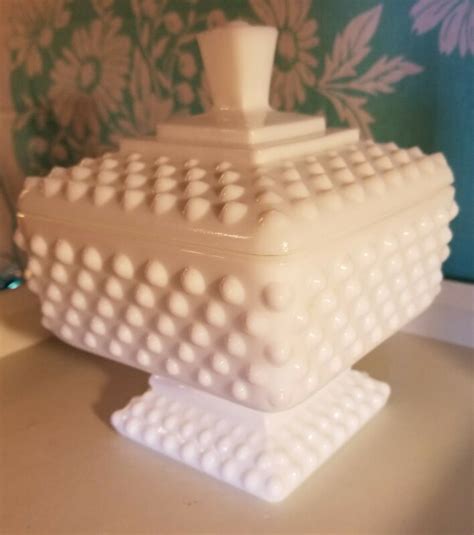 Vintage Fenton Milk Glass Hobnail Square Pedestal Candy Dish Compote