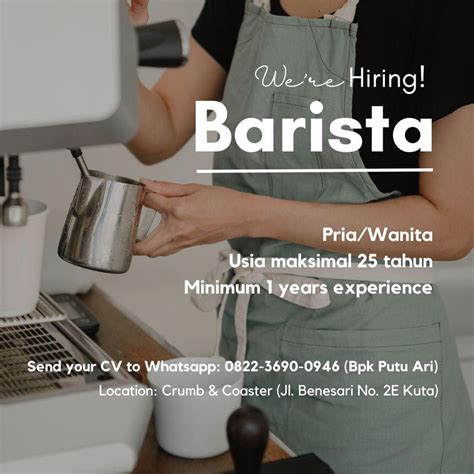 Lowongan Kerja Sebagai Staff Barista Untuk Resto Crumb Coaster