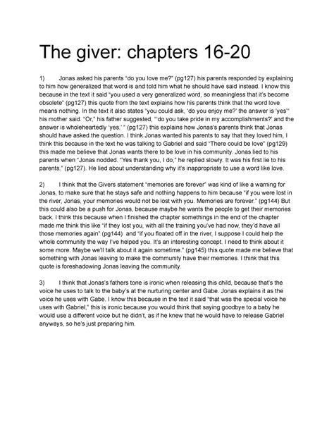 The Giver Chapters The Giver Chapters Jonas Asked His