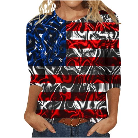 Fanxing American Flag Shirt For Women 4th Of July T Shirt Usa Flag Patriotic Tee Tops 34 Sleeve