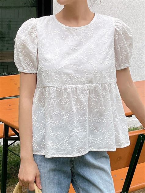 Floral Embroidery Puff Sleeve Peplum Blouse