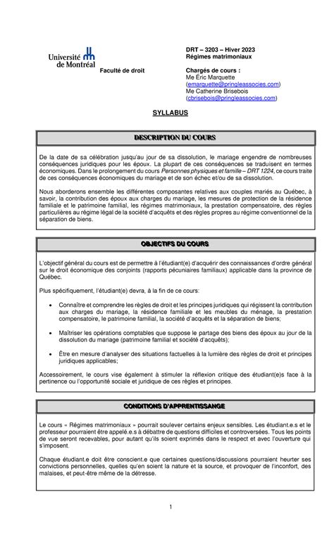 Syllabus DRT 3203 2023 Plan De Cours Catherine Brisebois Et Eric