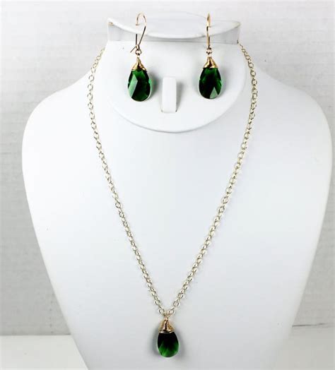 Swarovski Green Teardrop Gold Filled Wrapped Pendant Necklace Set