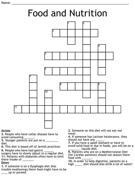 Food And Nutrition Crossword Puzzle Answer Key Prntbl