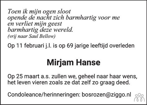 Mirjam Hanse Overlijdensbericht En Condoleances Mensenlinq Nl