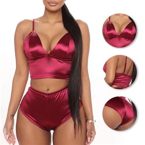 Brief Sets Underwear Women Sexy Lingerie Set Wine Red Satin Bras