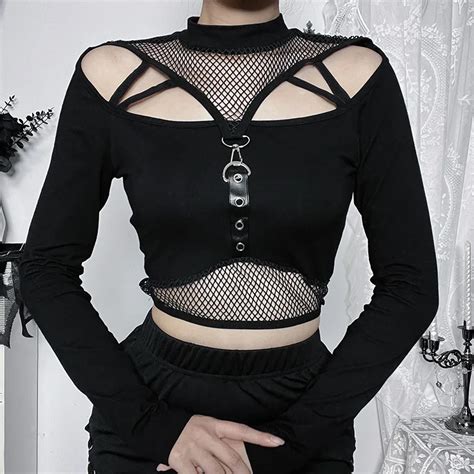 Женский сетчатый корсет Goth, черный укороченный Топ с длинным рукавом ...