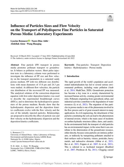 Influence Of Particles Sizes And Flow Velocity On The Transport Of