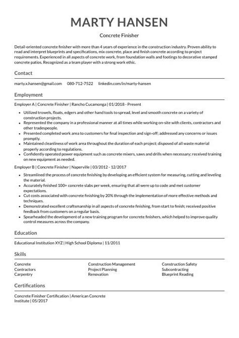 Concrete Finisher Resume (CV) Example and Writing Guide