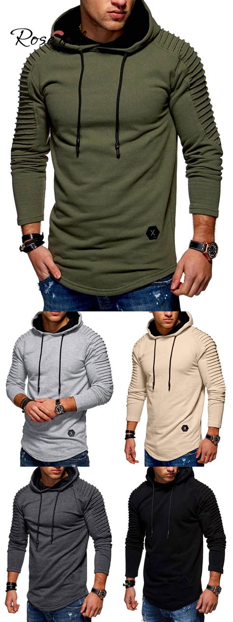 Solid Pleated Sleeve Hem Curved Long Fleece Hoodie Mens Sweatshirts Hoodie Hoodie Fashion